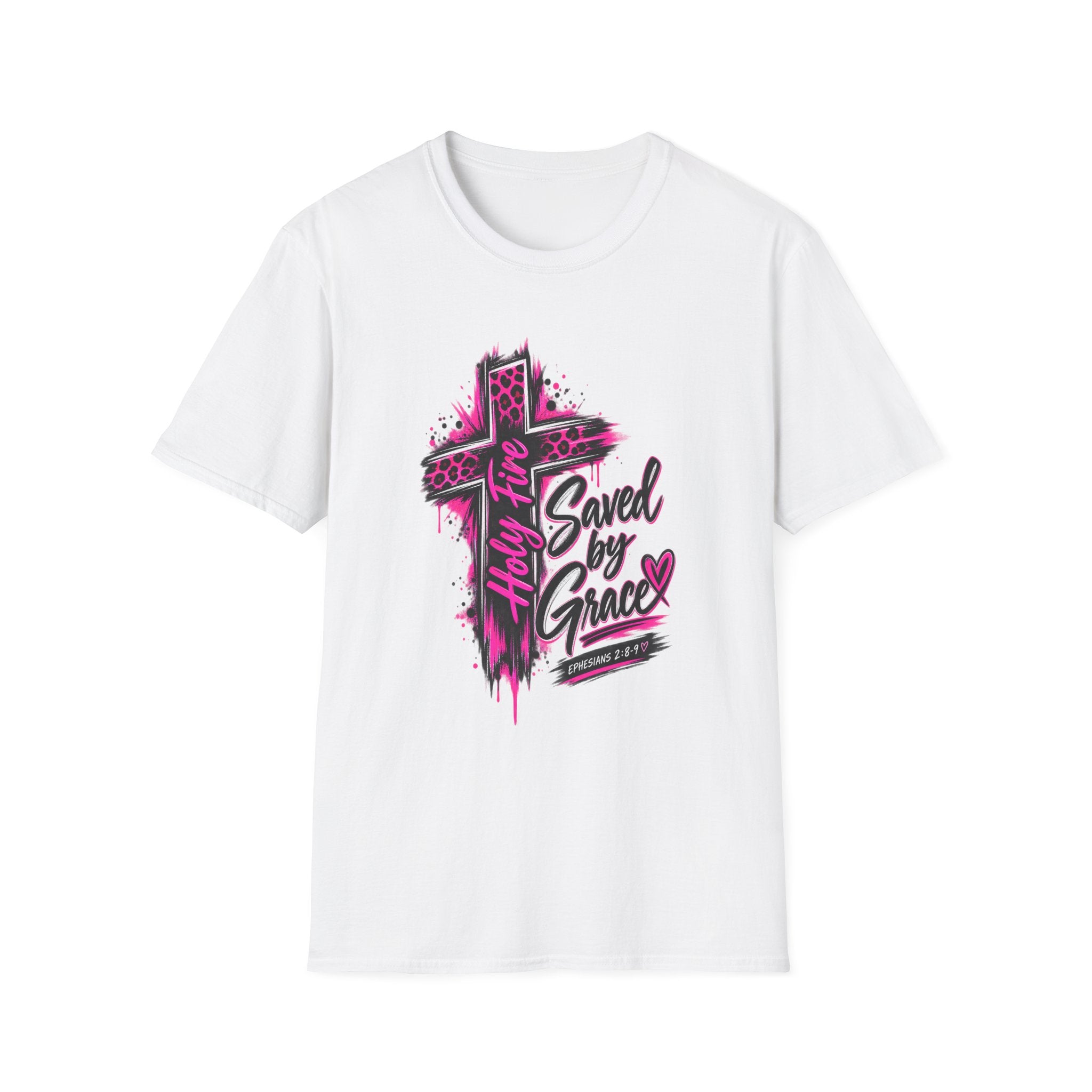 T‑Shirt — “Saved by Grace” Pink Leopard Cross Christian Faith Tee