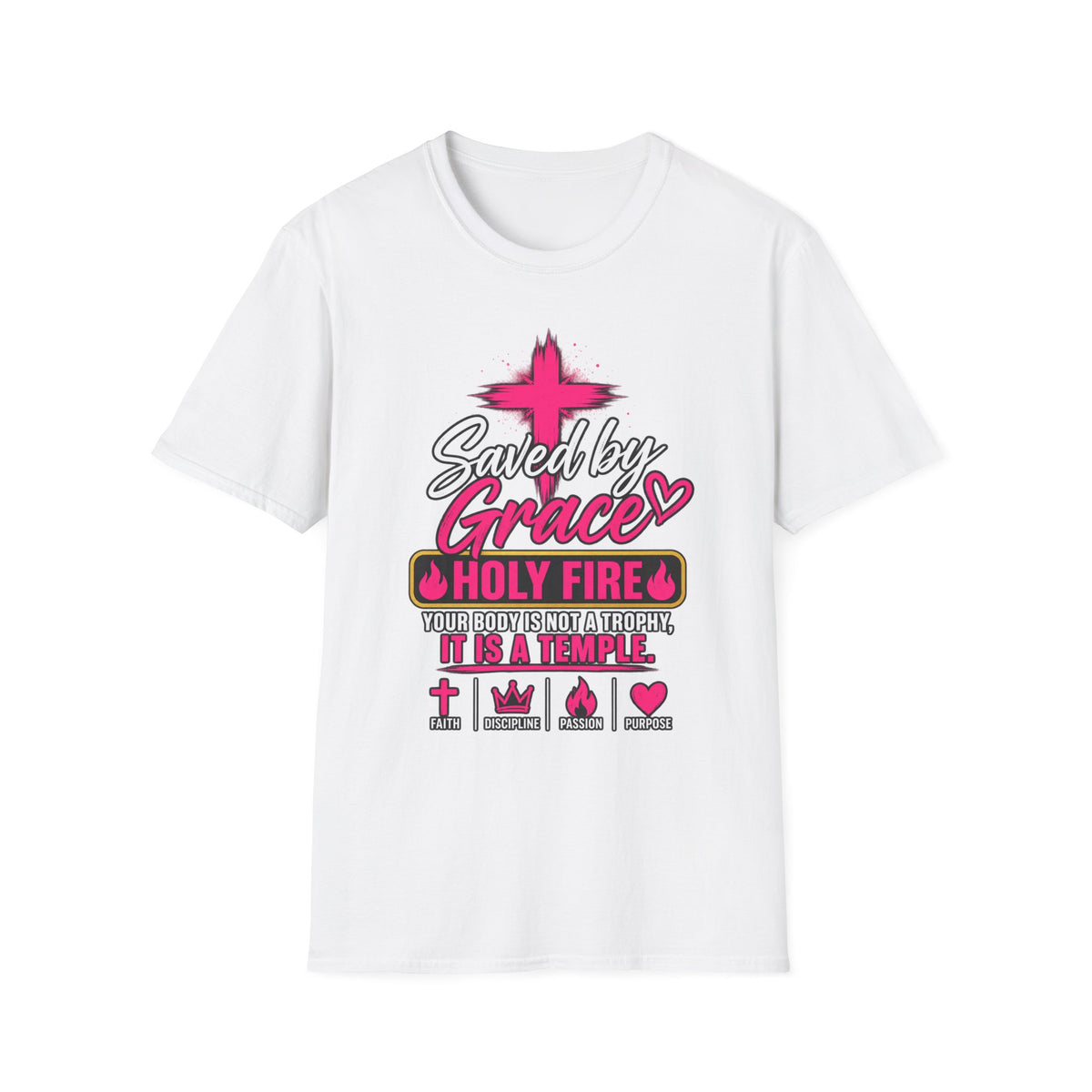Saved by Grace Christian T-Shirt — Pink Cross Faith Tee
