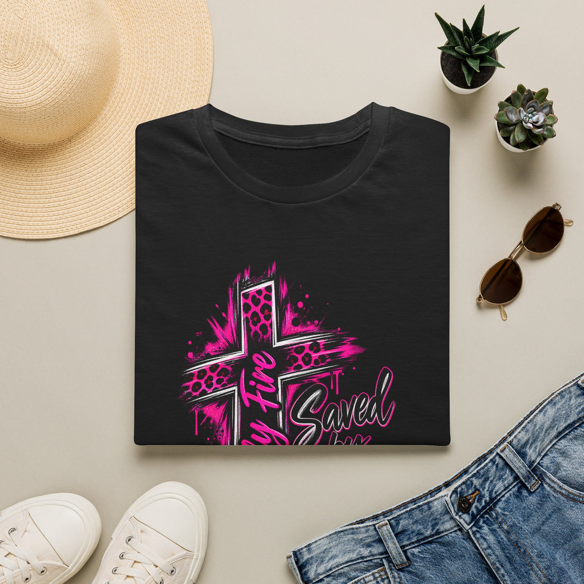 T‑Shirt — “Saved by Grace” Pink Leopard Cross Christian Faith Tee