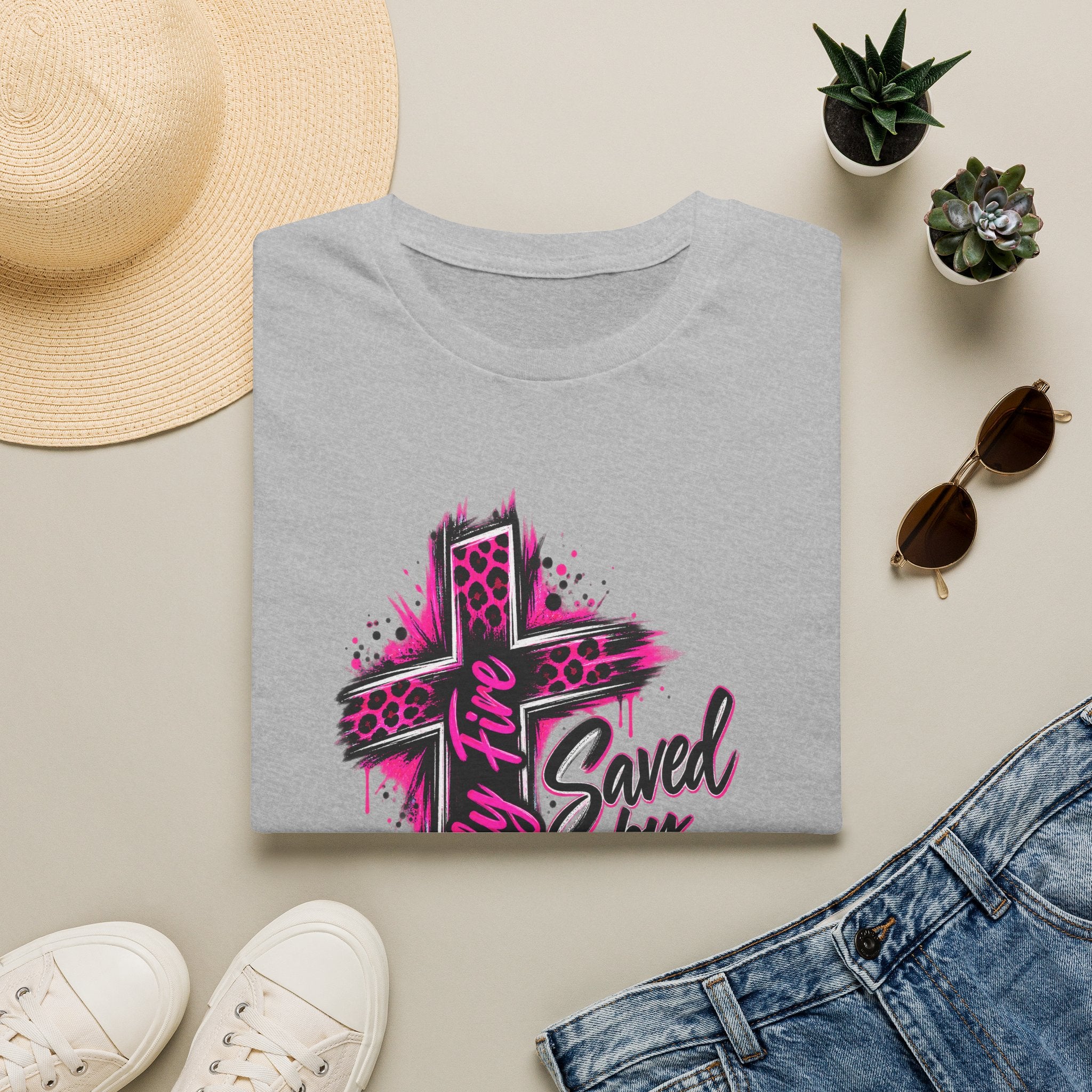 T‑Shirt — “Saved by Grace” Pink Leopard Cross Christian Faith Tee