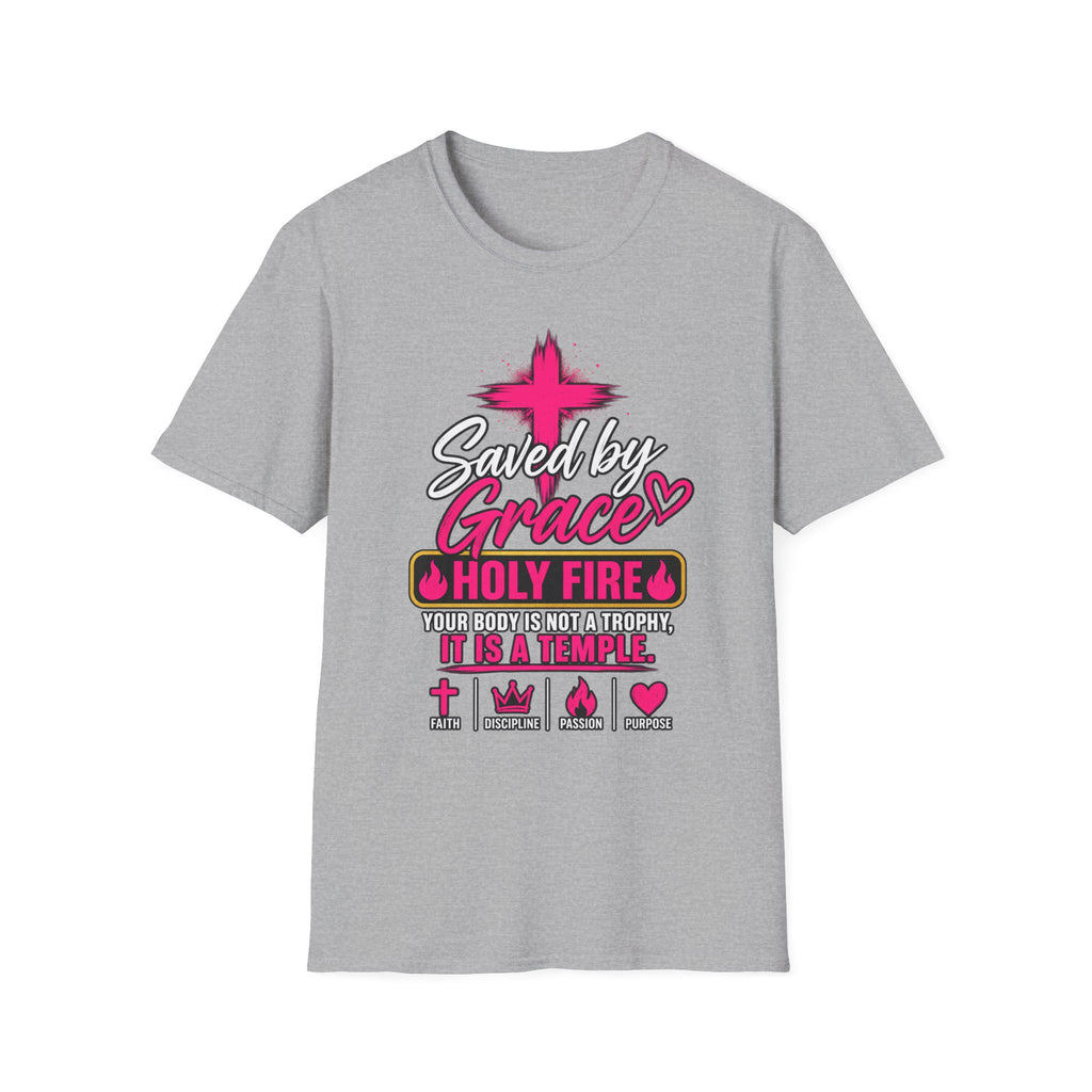 Saved by Grace Christian T-Shirt — Pink Cross Faith Tee