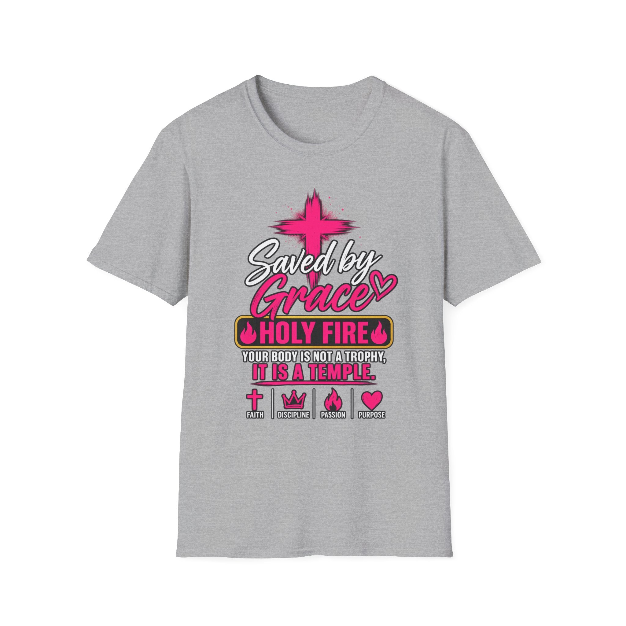 Saved by Grace Christian T-Shirt — Pink Cross Faith Tee