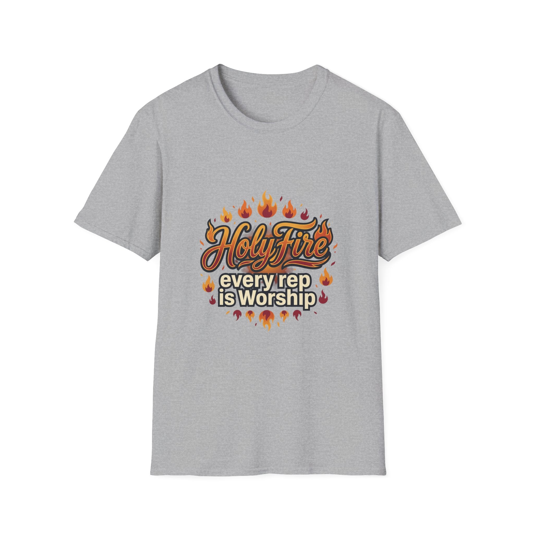 Holy Fire T-Shirt — "Every Rep is Worship" Faith Workout Tee