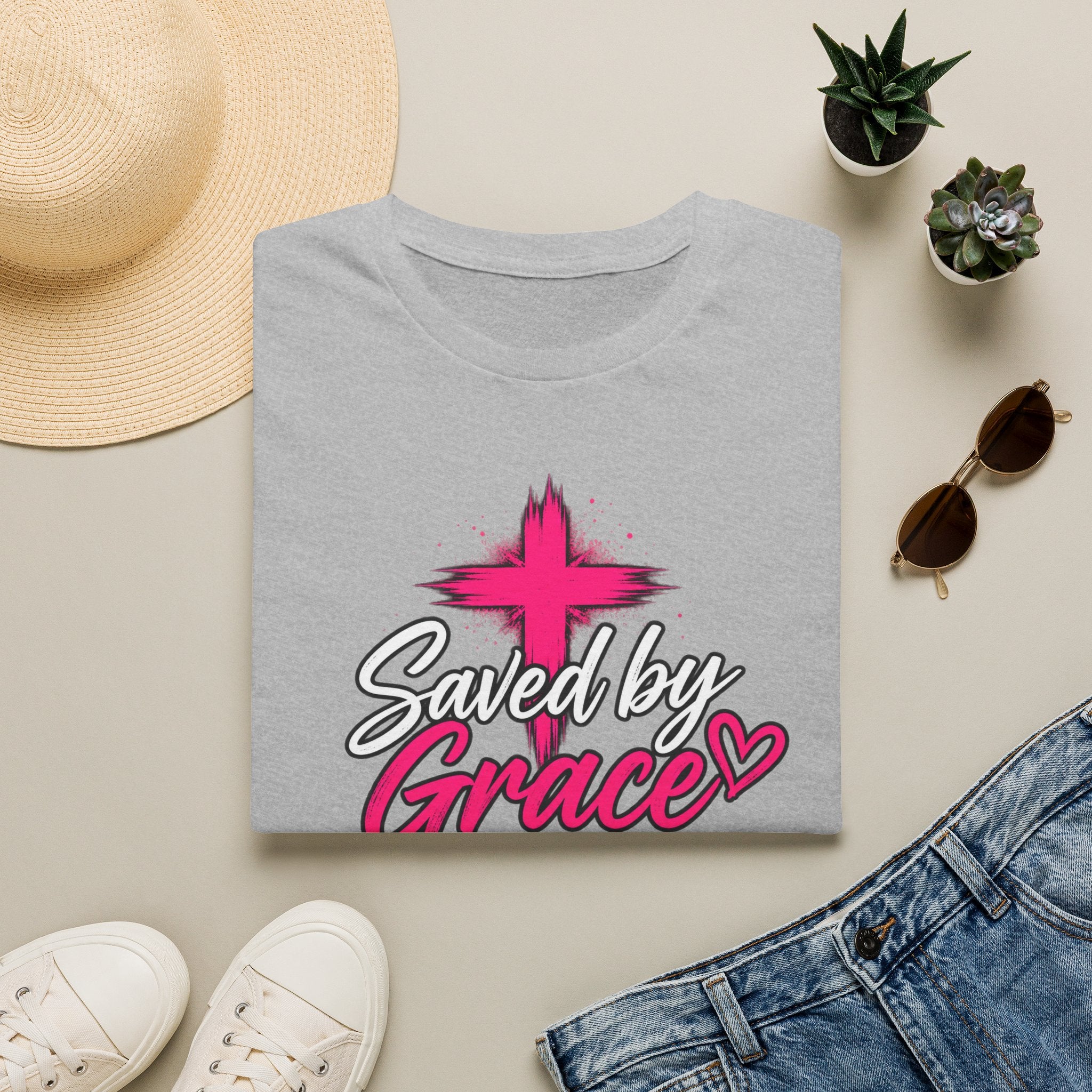 Saved by Grace Christian T-Shirt — Pink Cross Faith Tee
