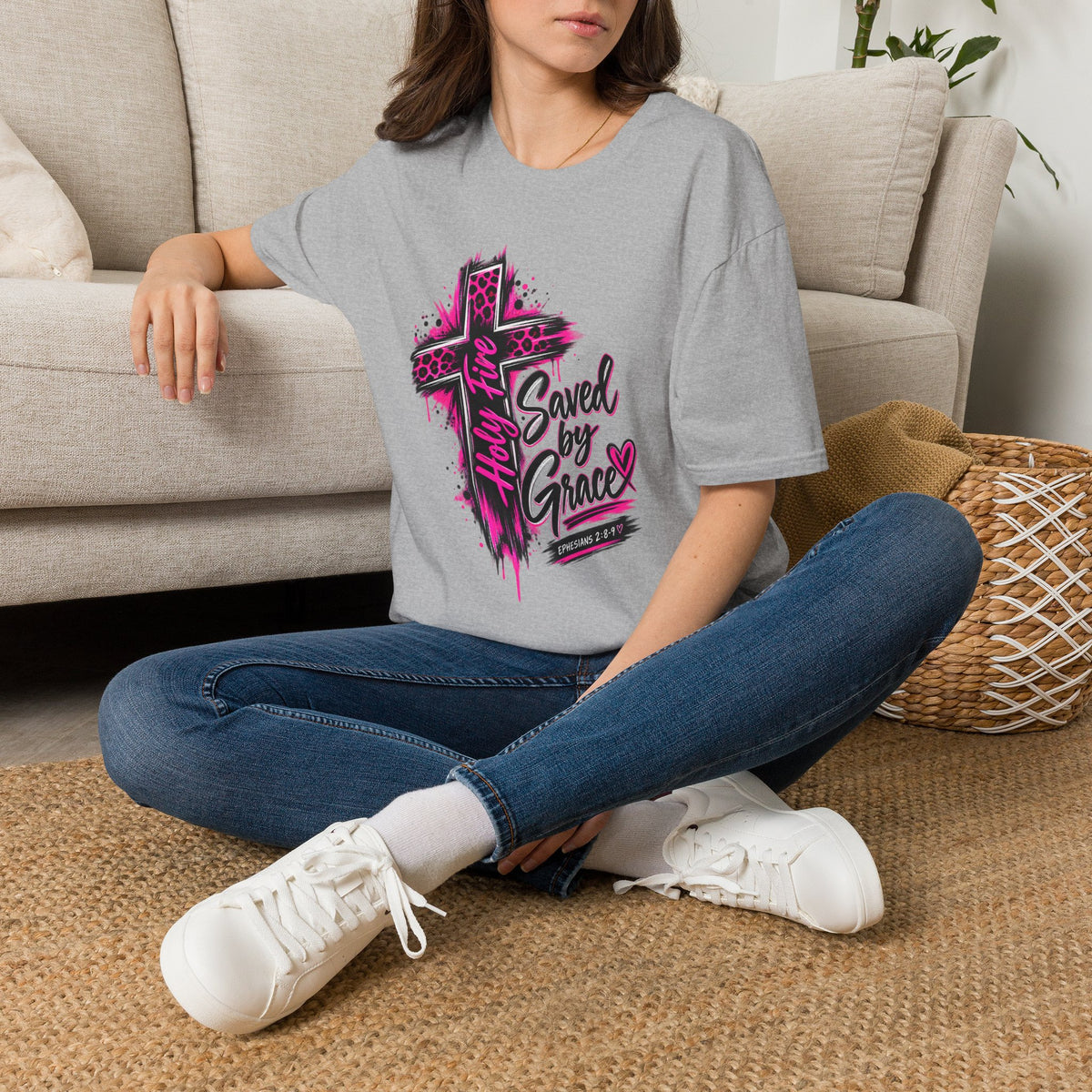 T‑Shirt — “Saved by Grace” Pink Leopard Cross Christian Faith Tee