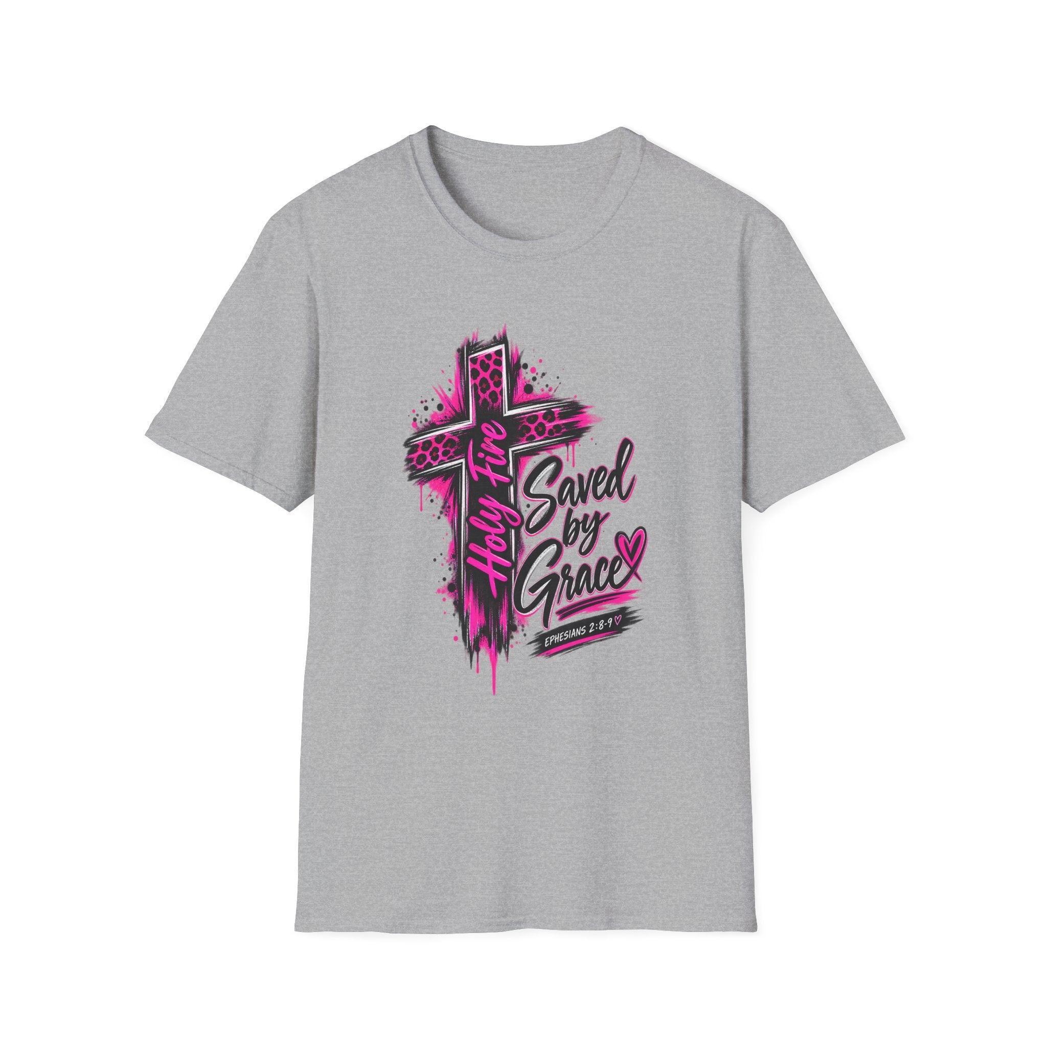 T‑Shirt — “Saved by Grace” Pink Leopard Cross Christian Faith Tee