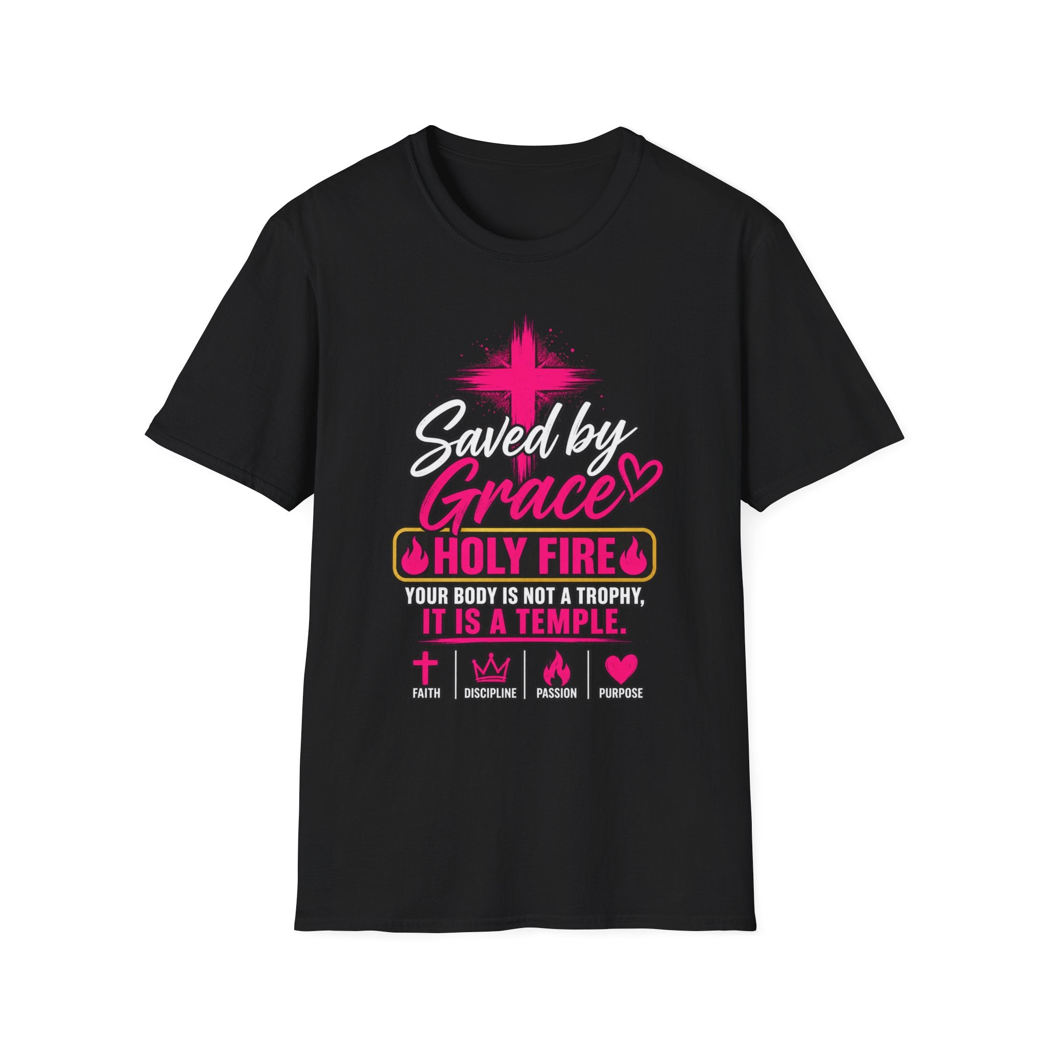 Saved by Grace Christian T-Shirt — Pink Cross Faith Tee