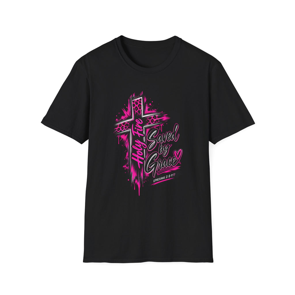 T‑Shirt — “Saved by Grace” Pink Leopard Cross Christian Faith Tee
