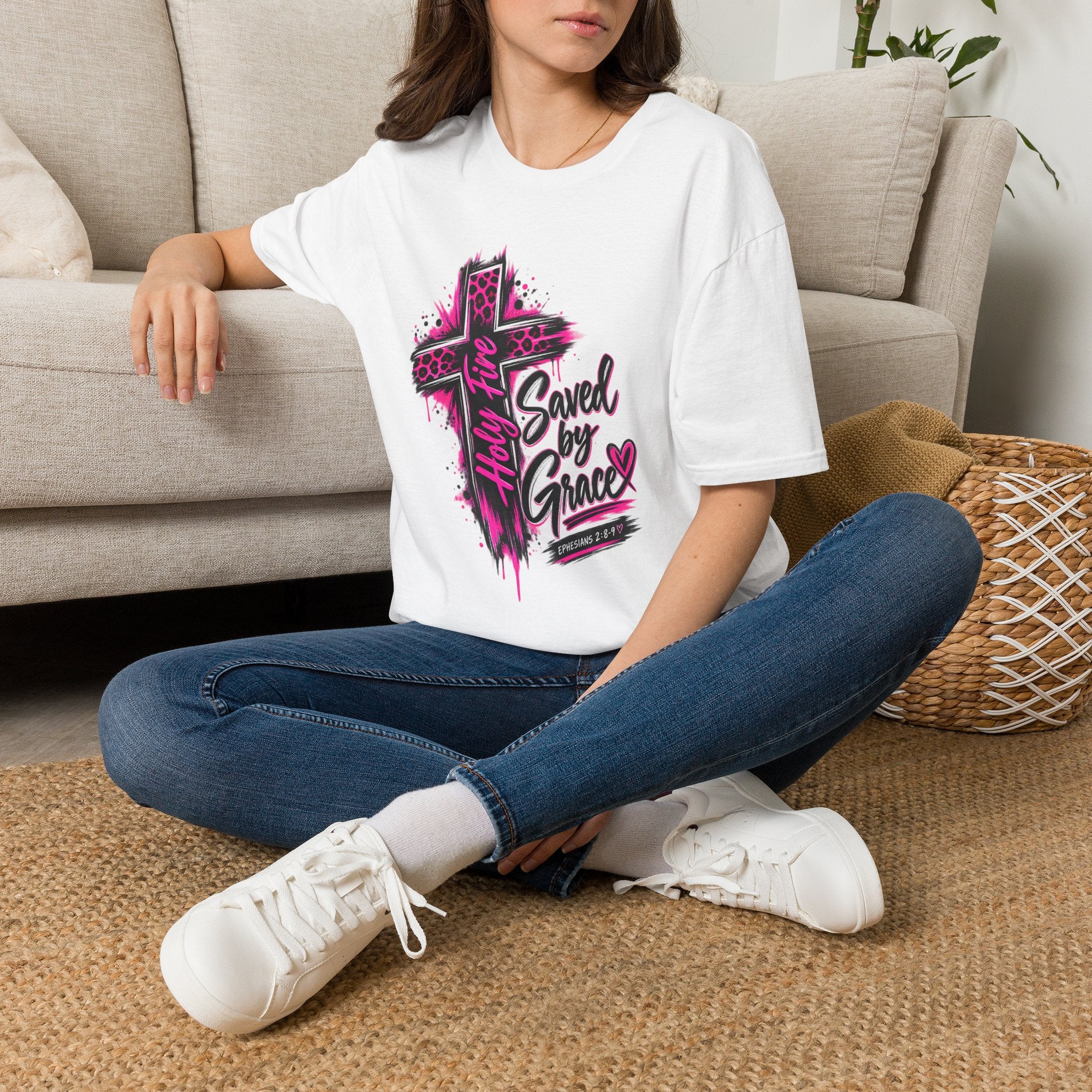 T‑Shirt — “Saved by Grace” Pink Leopard Cross Christian Faith Tee