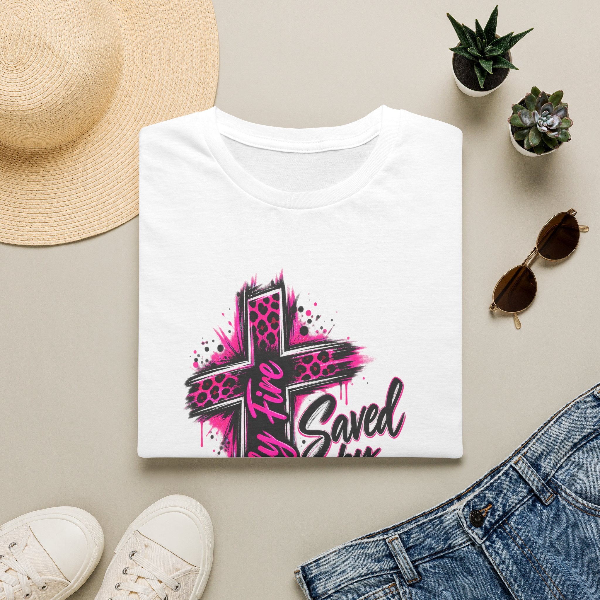 T‑Shirt — “Saved by Grace” Pink Leopard Cross Christian Faith Tee