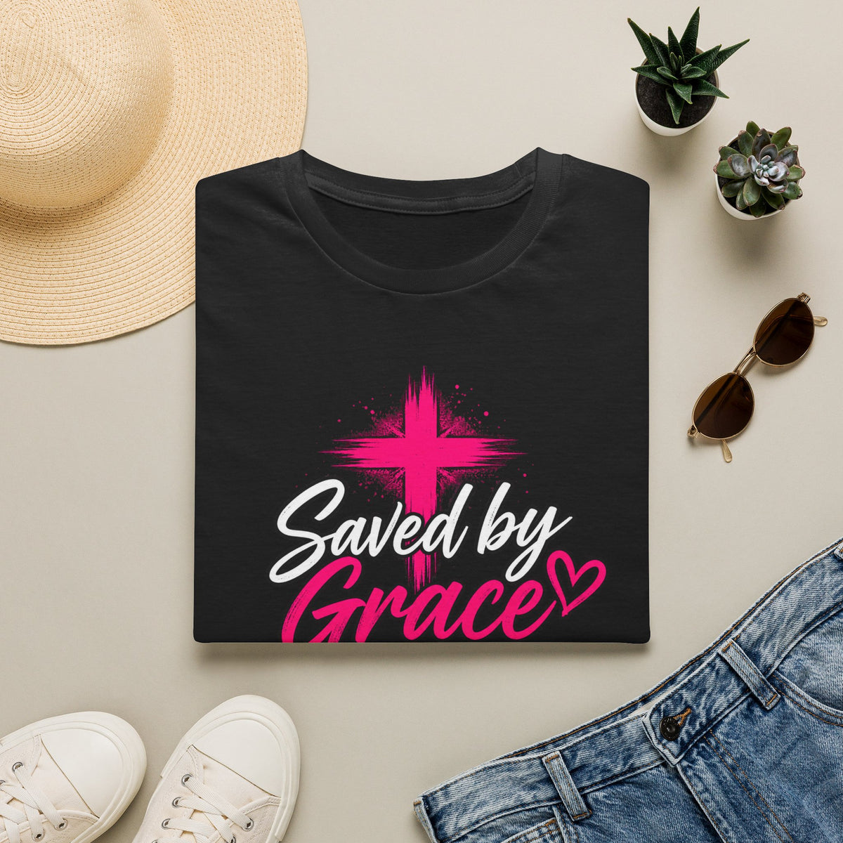 Saved by Grace Christian T-Shirt — Pink Cross Faith Tee