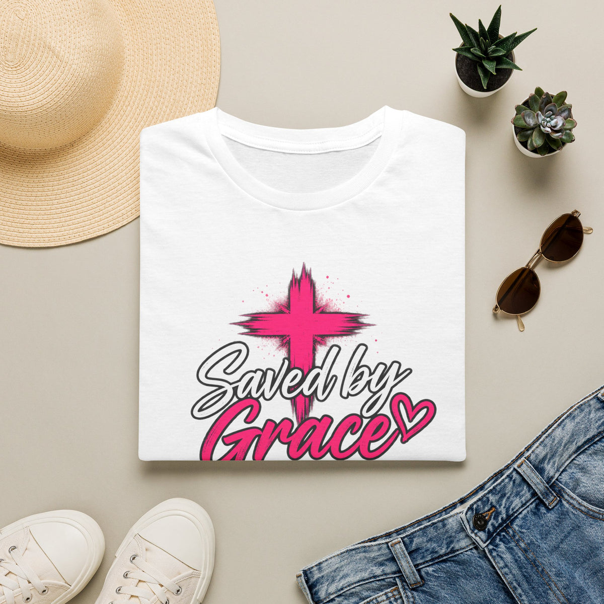 Saved by Grace Christian T-Shirt — Pink Cross Faith Tee